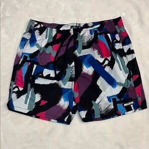 Hollister Men's Abstract Swim Shorts - Black, Blue, Red Sz M
